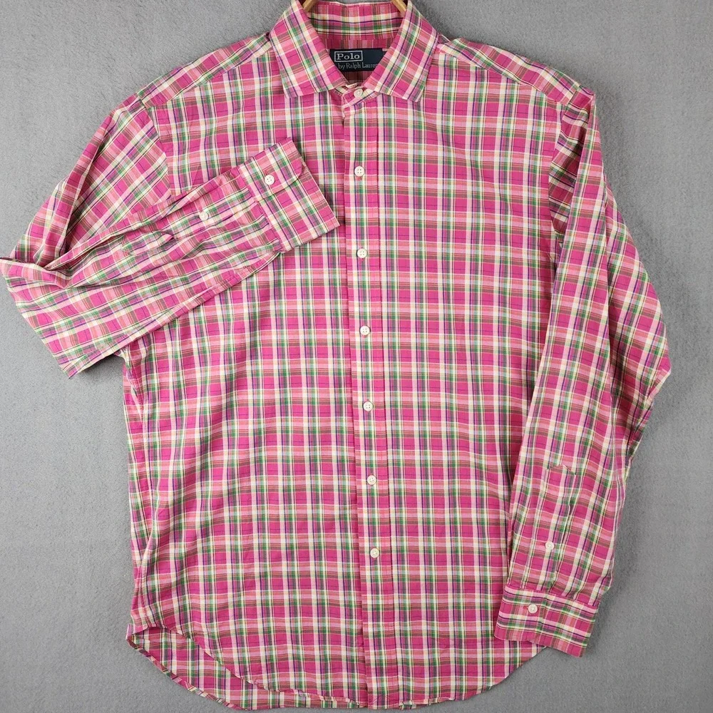 Polo Ralph Lauren Button Down Mens M Pink Plaid‎ Long Sleeve Preppy Classic